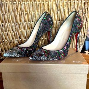 Louboutin Pigalle Follies 100 sequin pumps SIGNED silver muliti 38